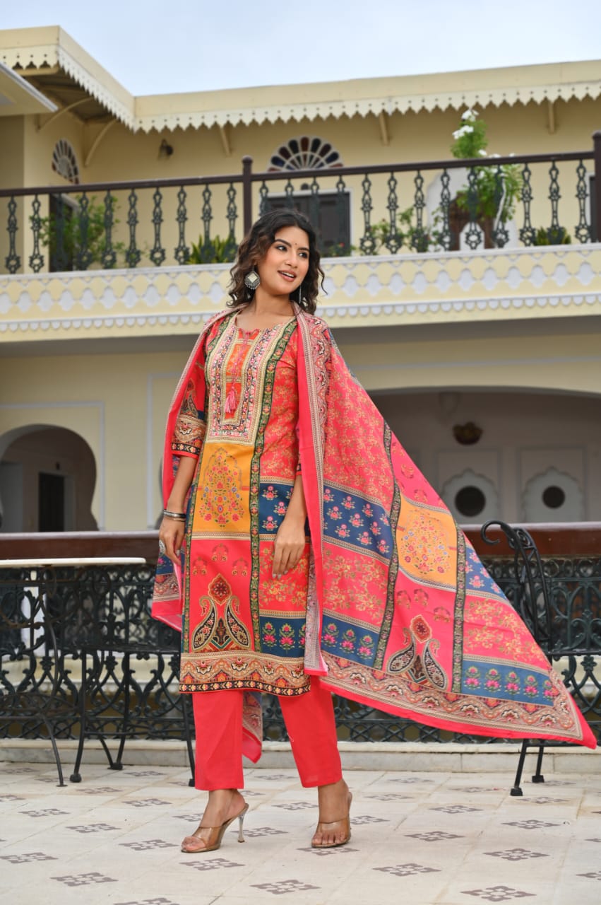 Bannisaa Mint Green Digital Print Suit Set - Traditional Patchwork Design with Multicolor Floral Motifs