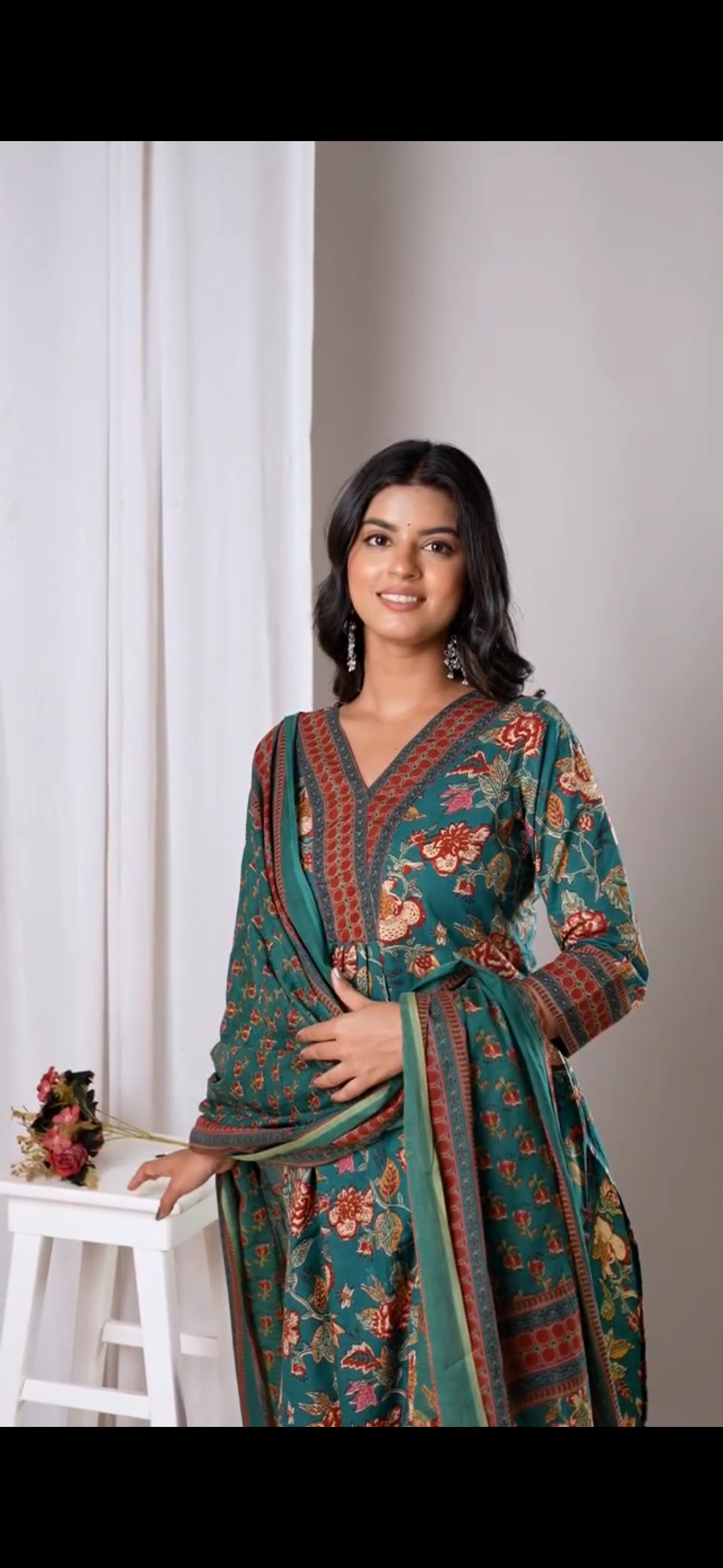 Bannisaa Peacock Green Floral Cotton 3 piece Kurta Set with Dupatta