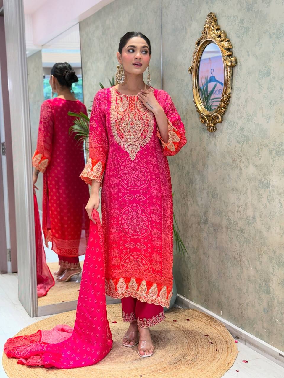 Bannisaa Rose Pink Bandhani Royale Suit Set - Traditional Tie-Dye with Golden Zardozi Embroidery