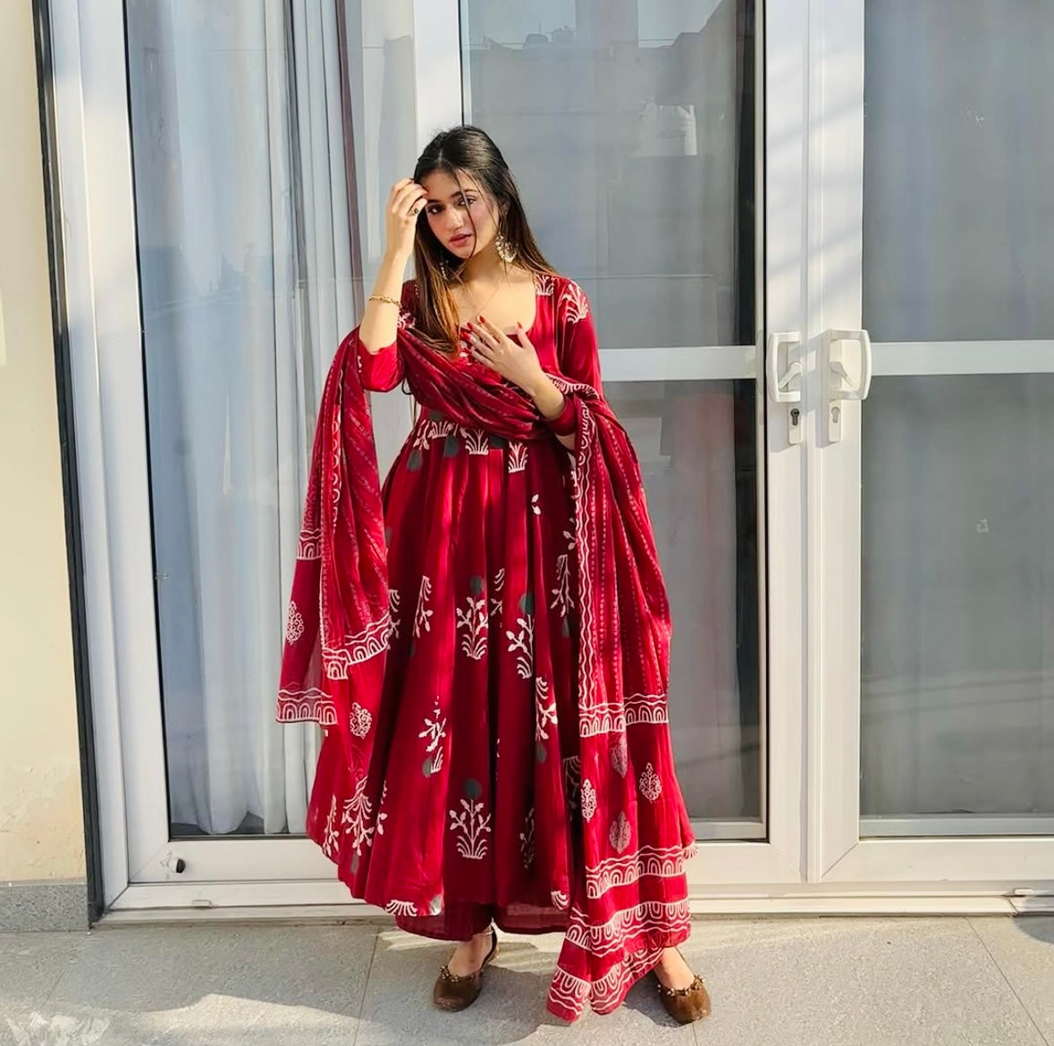 Bannisaa Deep Red Handblock Printed Anarkali Set