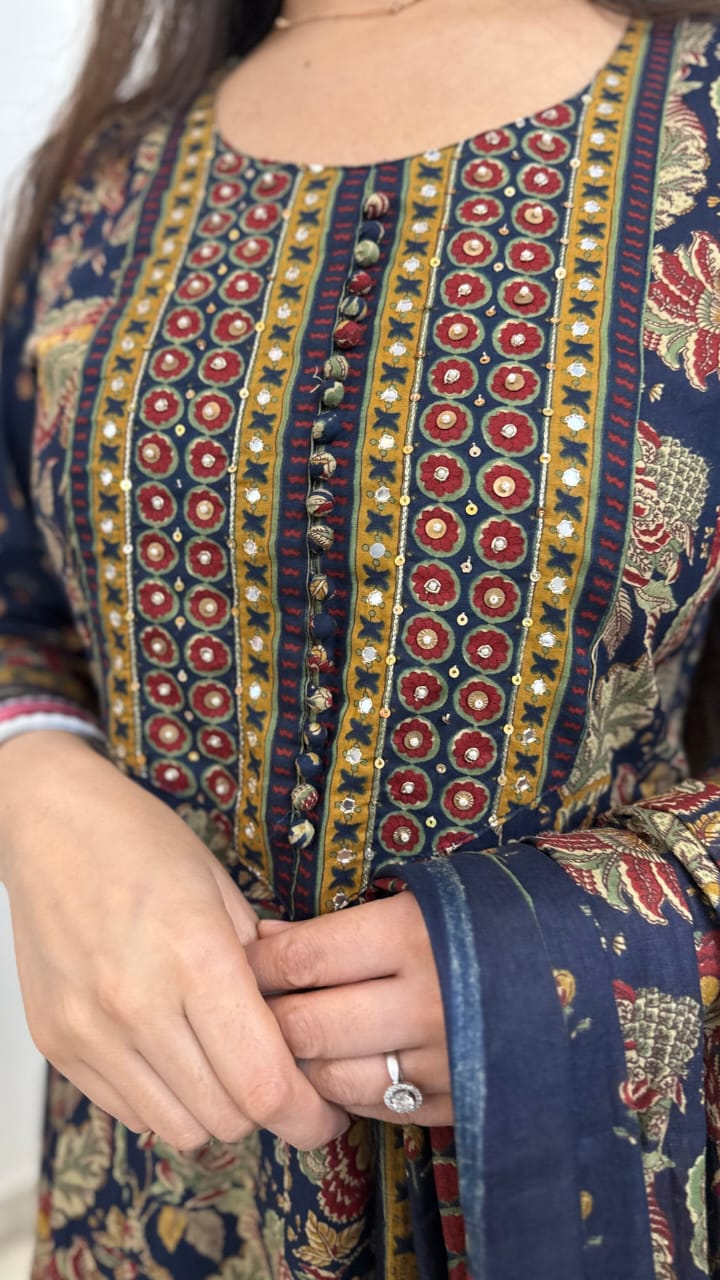 Bannisaa Mustard Gold Garden Suit Set - Traditional Floral with Intricate Yoke Embroidery