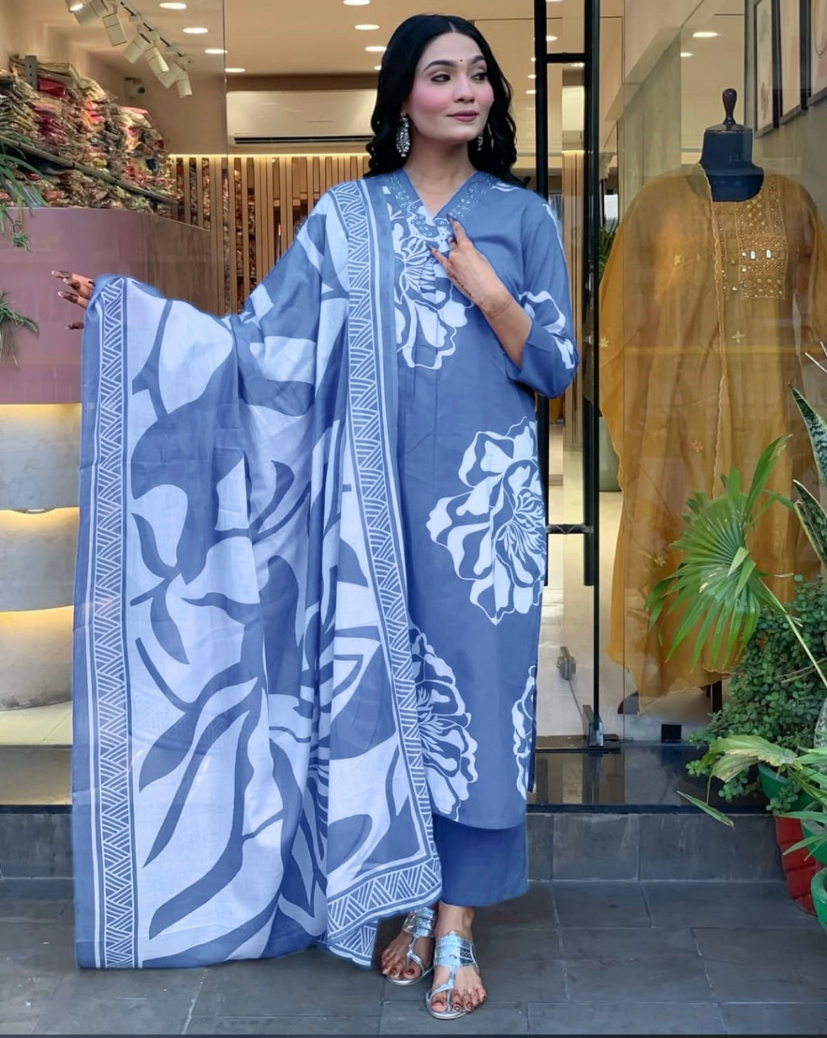 Bannisaa Azure Bloom 3 piece Suit Set - Powder Blue Floral Print Ensemble with Traditional Dupatta