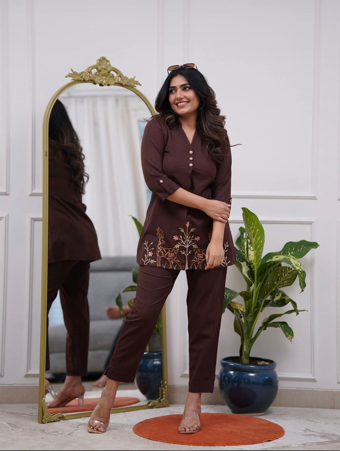 Bannisaa Deep Brown Embroidered Short Kurta Set