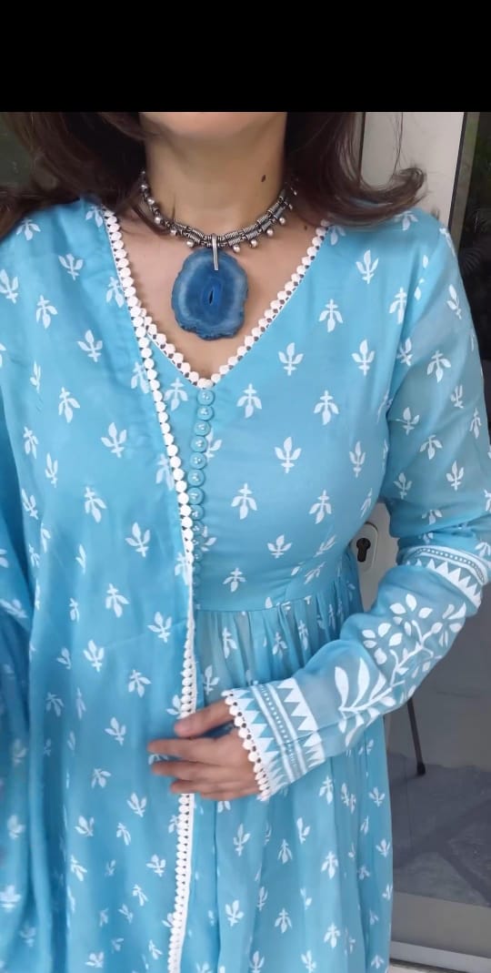 Bannisaa Sky Blue Floral Anarkali Dress - Ethereal Blooms with Flowing Silhouette