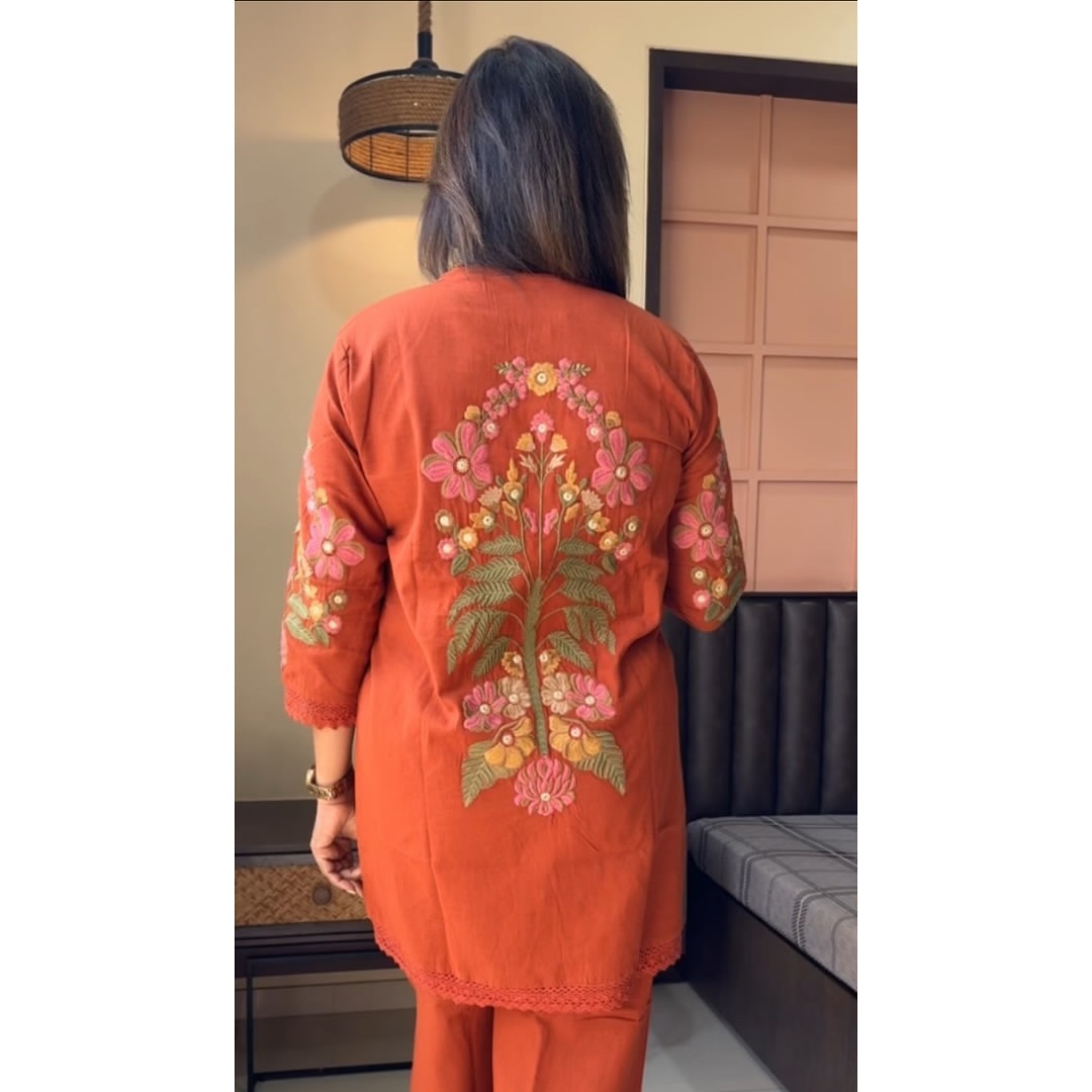 Bannisaa Rust Orange Embroidered Co-ord Kurti Set