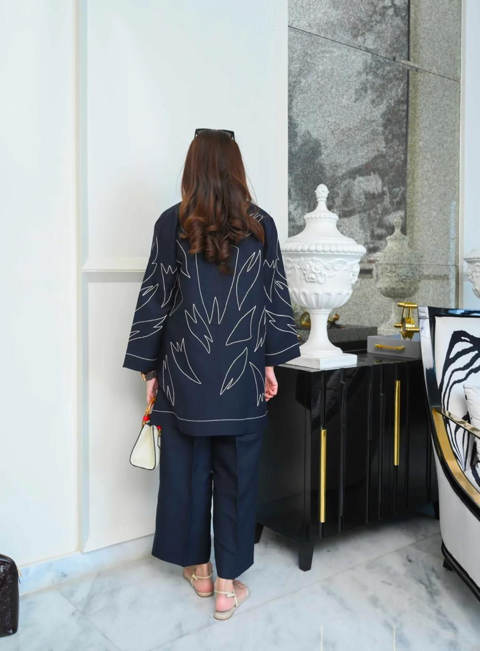Bannisaa Navy Blue Abstract Embroidered Co-ord Set