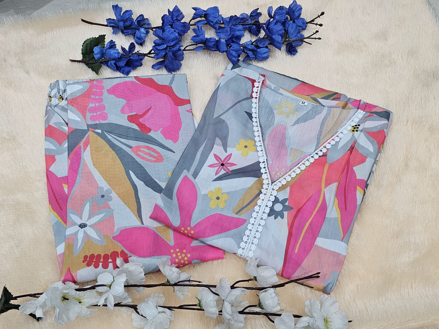 Bannisaa Tropical Bloom Tassel Co-ord Set - Grey Floral Print Ensemble with White Pom-Pom Details