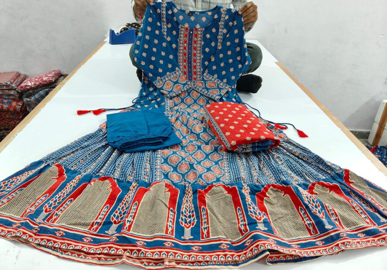 Bannisaa Indigo & Red Ajrakh-Inspired Cotton 3-Piece Kurta Set with Dupatta