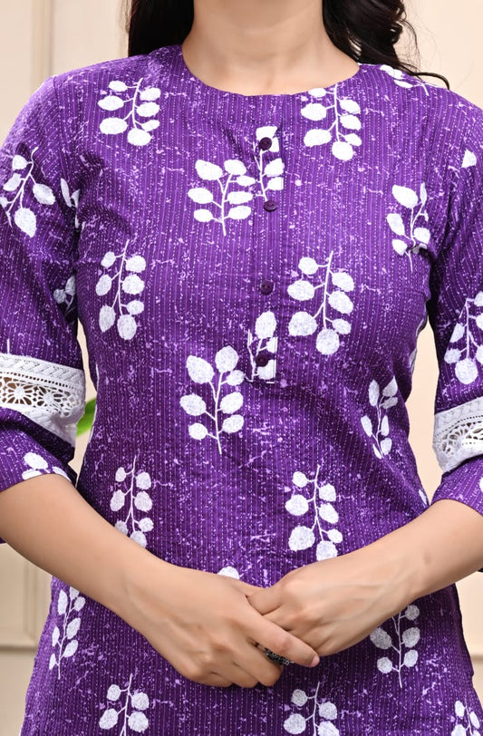 Bannisaa Purple Floral Cotton Kurta Co-ord Set with Lace Detailing