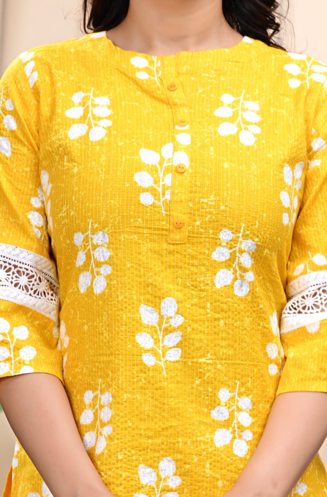 Banisaa Yellow Floral Cotton Kurta Co-ord Set with Lace Detailing