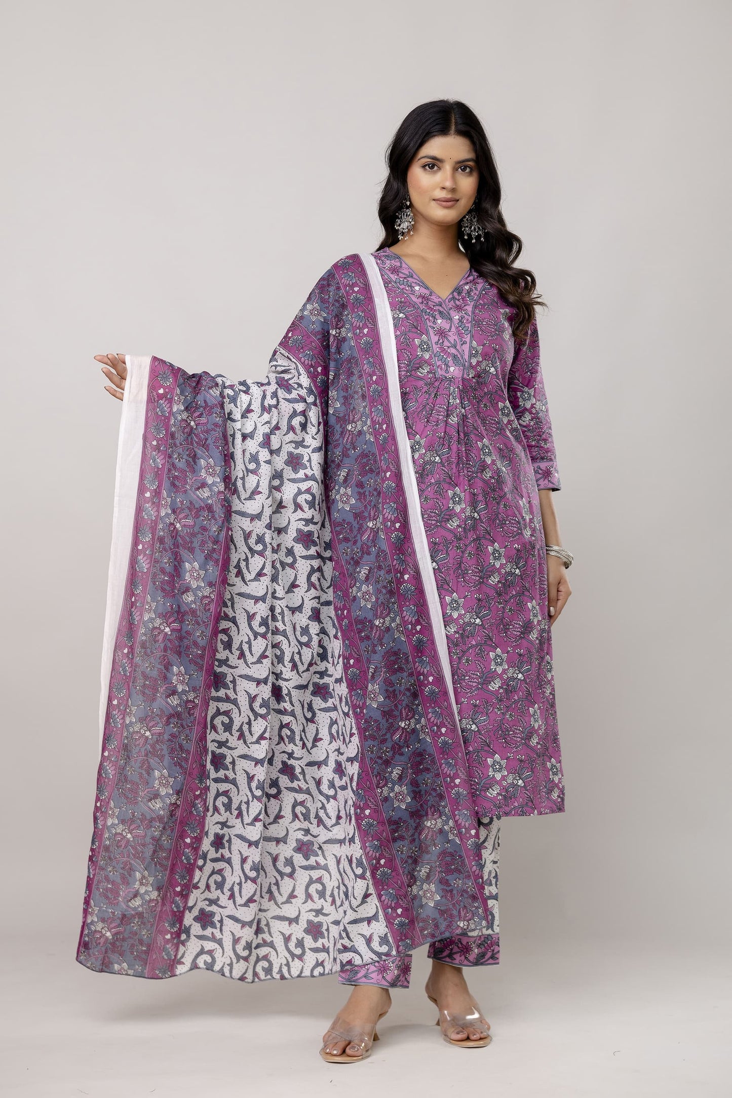 Bannisaa Mauve Purple Floral Cotton 3 piece Kurta Set with Dupatta