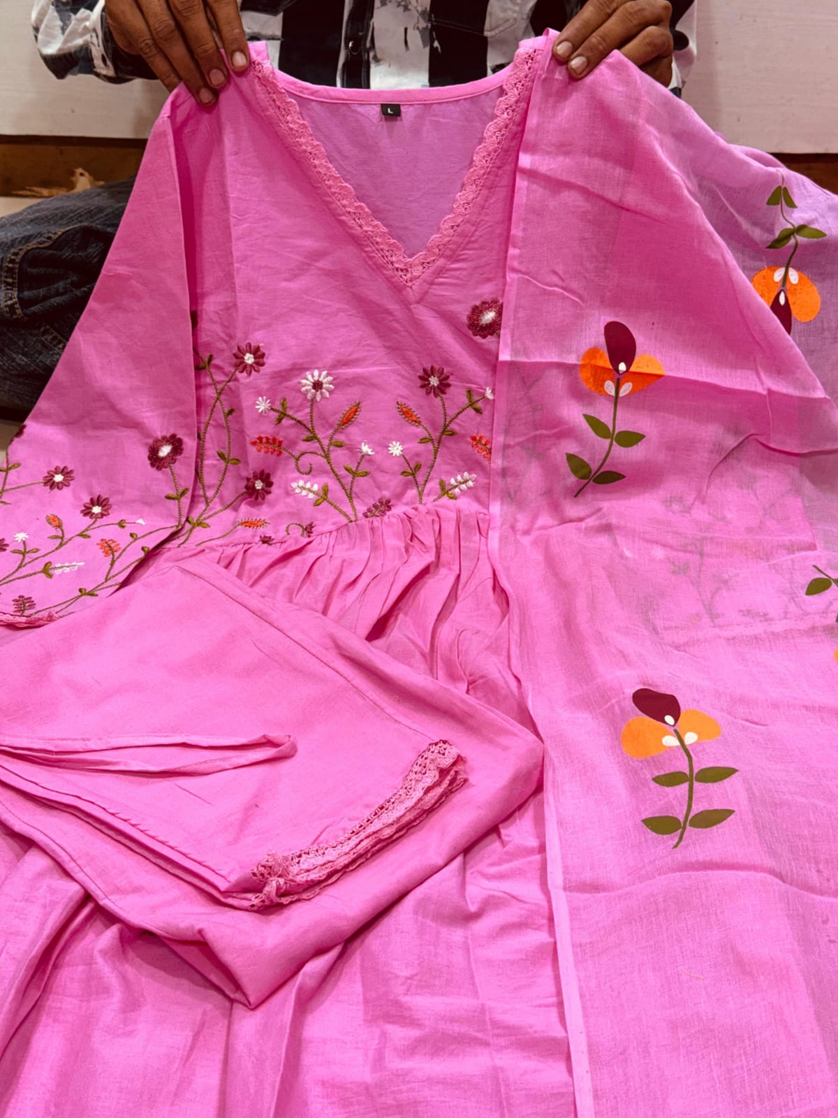 Bannisaa Baby Pink Embroidered Cotton Anarkali 3 piece Set with Dupatta