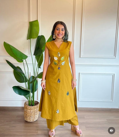 Bannisaa Rust Orange Applique Work Suit Set - Contemporary Patchwork with Geometric Motifs