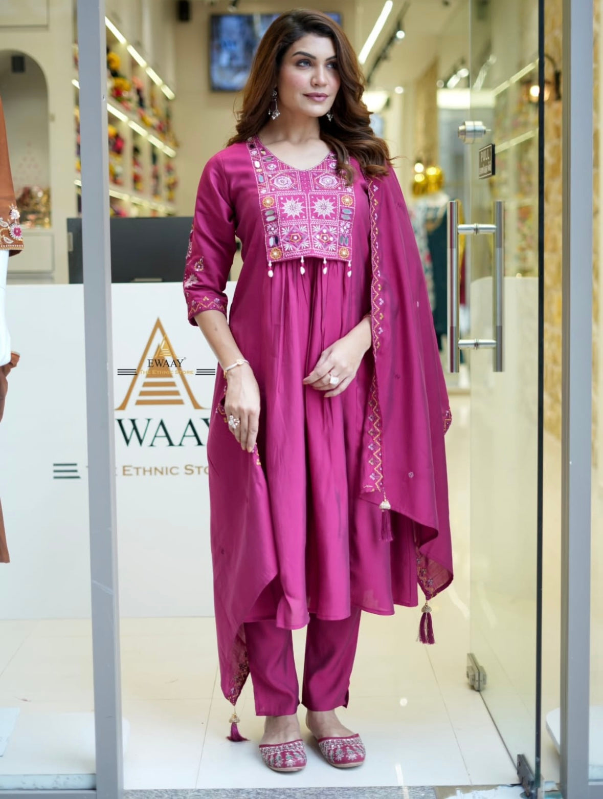 Bannisaa Magenta Pink Cotton Suit Set - Traditional Mirror Work Embroidery with Geometric Motifs