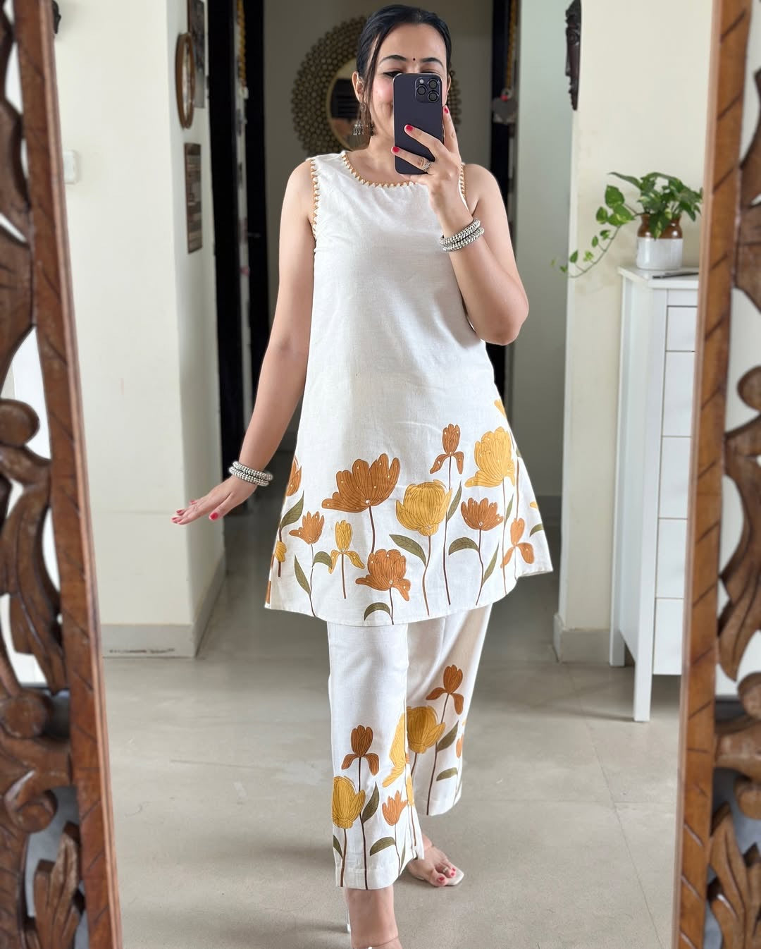 Bannisaa Pearl Embellished Floral Co-ord Set - White Tunic with Golden Bloom Print & Matching Pants