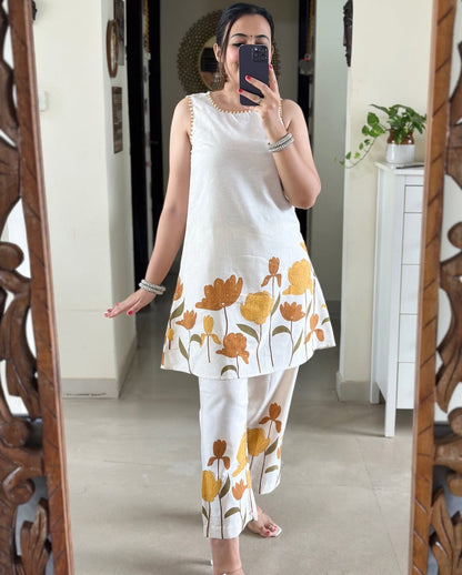 Bannisaa Pearl Embellished Floral Co-ord Set - White Tunic with Golden Bloom Print & Matching Pants