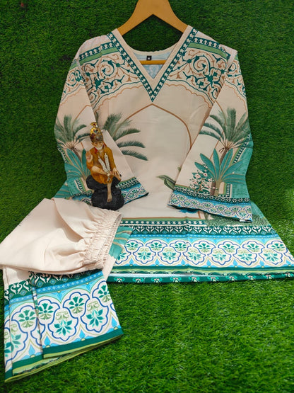 Bannisaa Tropical Paradise Muslin Printed Co-ord Set - Ivory & Turquoise Ensemble