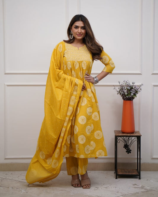 Bannisaa Golden Sunshine Fully Flaird Anarkali 3-Piece Kurta Set