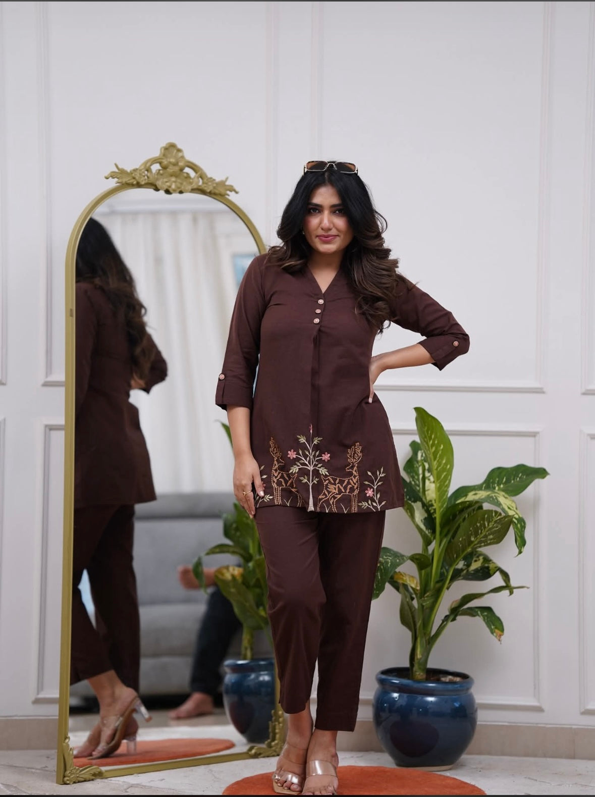 Bannisaa Deep Brown Embroidered Short Kurta Set