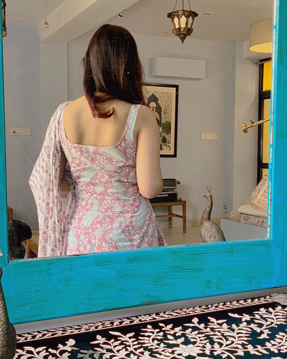 Sky Blue & Pink Paisley Printed Sharara Sleeveless Set - Traditional Block Print with Matching Dupatta (3 piece set)