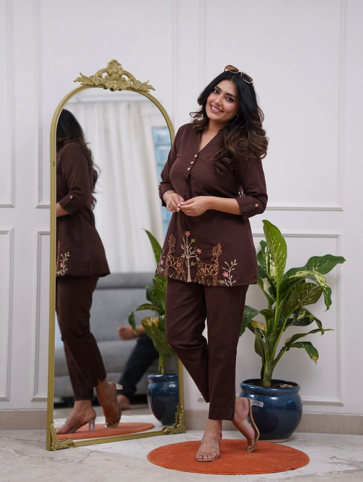 Bannisaa Deep Brown Embroidered Short Kurta Set