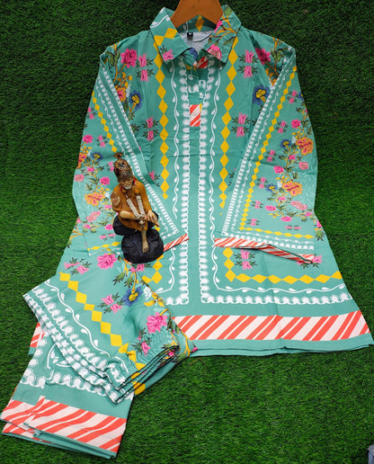 Bannisaa Sage Garden Muslin Printed Co-ord Set - Vintage Green & Floral Ensemble