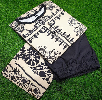 Bannisaa Heritage Noir Muslin Printed Co-ord Set - Classic Black & Beige Ensemble