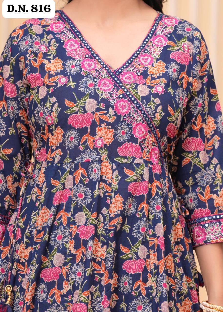 Bannisaa Navy Floral Paradise Sharara Set - Vintage Botanical with Pom-Pom Details