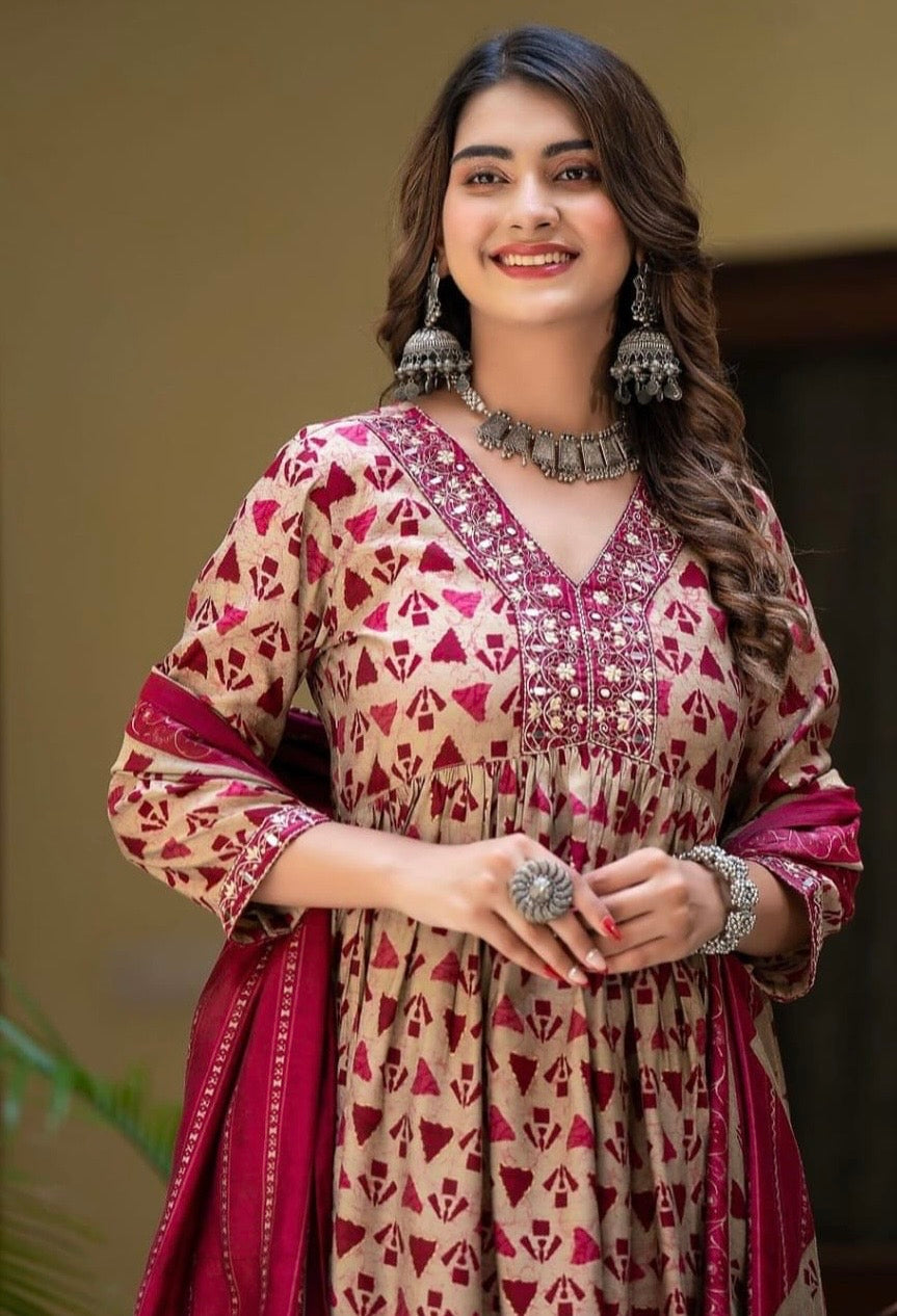 Bannisaa Burgundy Tribal Print Suit Set - Traditional Geometric Motifs with Embroidered Yoke