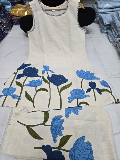 Bannisaa Pearl Embellished Floral Co-ord Set - White Tunic with Golden Bloom Print & Matching Pants