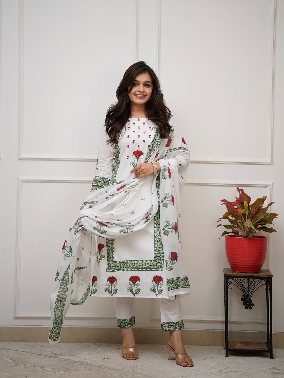 Bannisaa Block Printed Rose Motif Kurta Set - White Cotton Suit with Green Border & Matching Dupatta (3 piece suit)