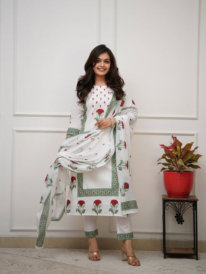 Bannisaa Block Printed Rose Motif Kurta Set - White Cotton Suit with Green Border & Matching Dupatta (3 piece suit)