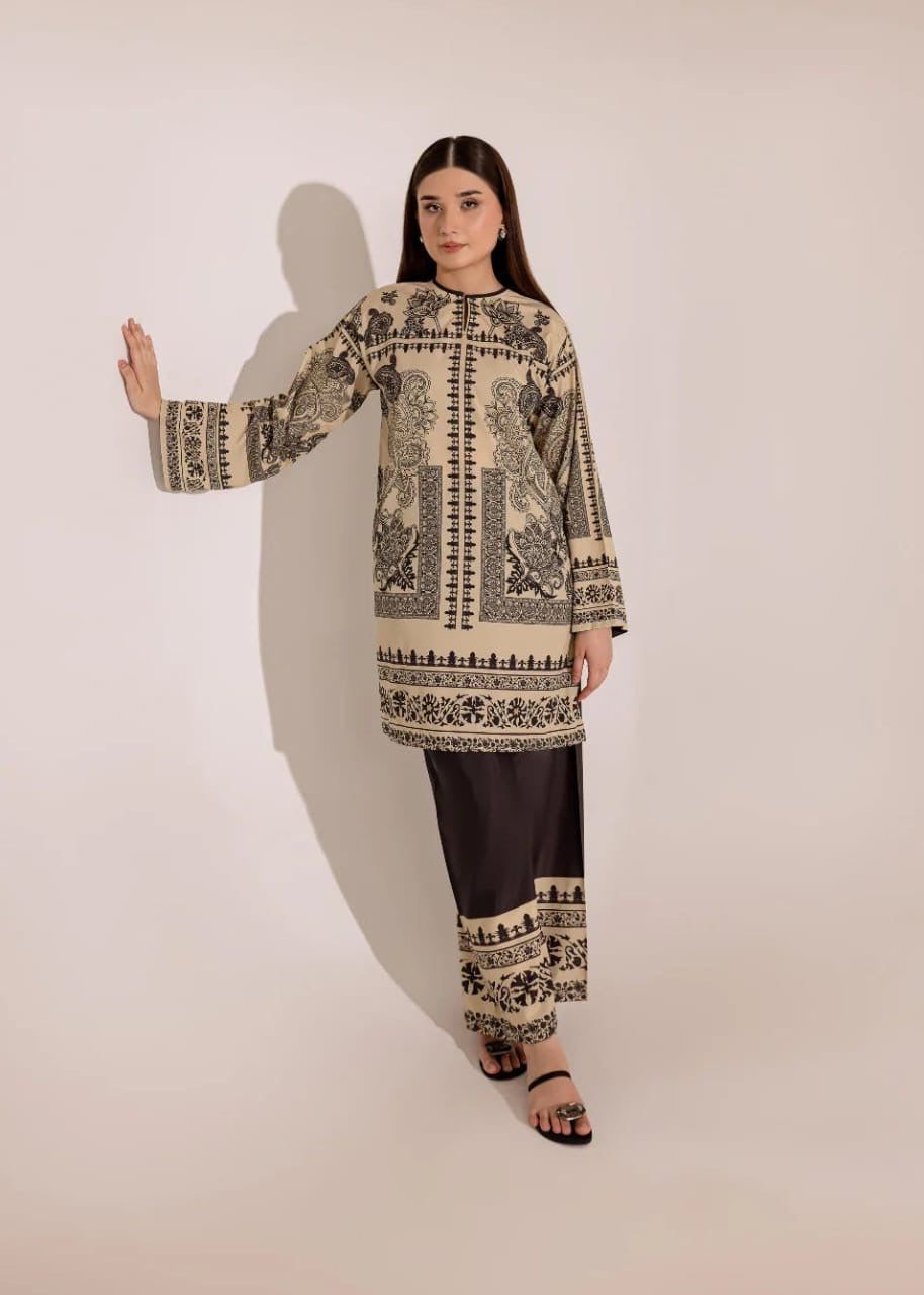 Bannisaa Heritage Noir Muslin Printed Co-ord Set - Classic Black & Beige Ensemble