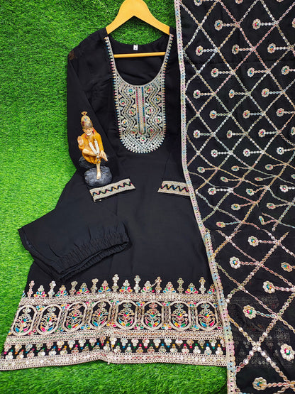 Bannisaa Black Faux Georgette Heavy Embroidered Straight Kurta Set with Dupatta (3 piece suit)