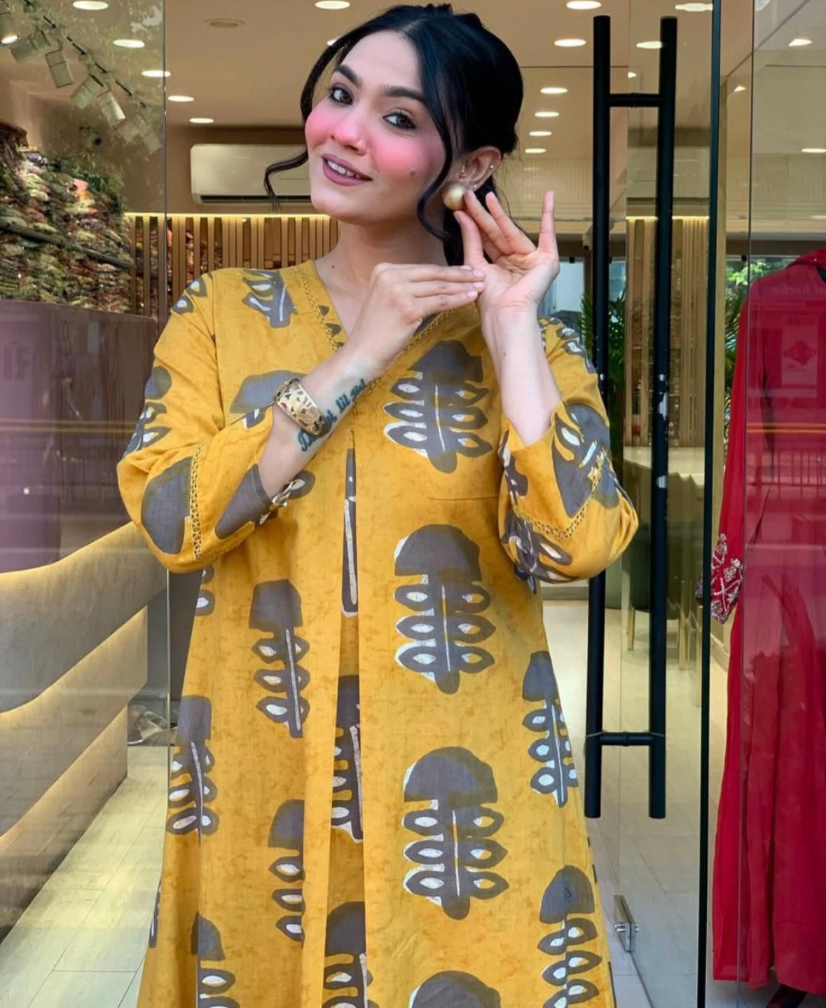Bannisaa Autumn Leaves Co-ord Set - Mustard Yellow Abstract Tree Print Ensemble
