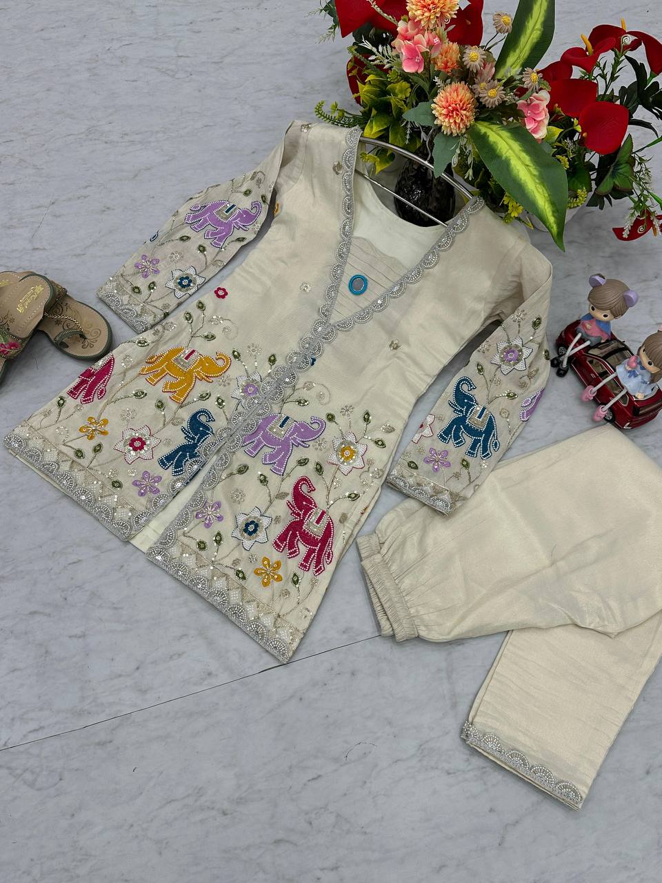 Bannisaa Enchanted Garden Co-ord Set - Ivory Embroidered Ensemble with Nature Motifs