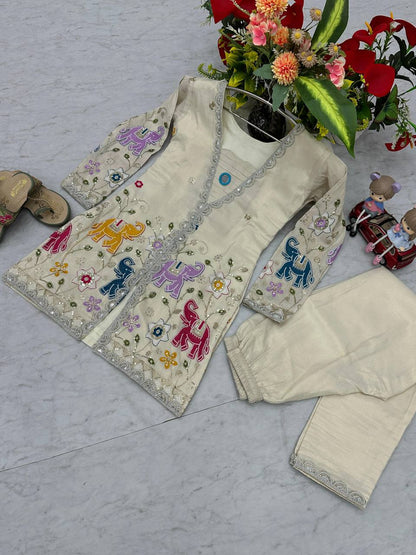 Bannisaa Enchanted Garden Co-ord Set - Ivory Embroidered Ensemble with Nature Motifs