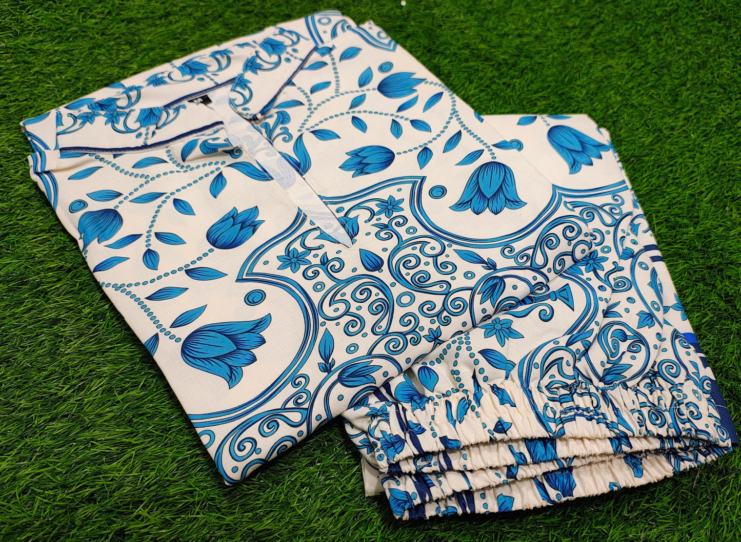 Bannisaa Celestial Blue Muslin Printed Co-ord Set - Heritage Azure & Ivory Ensemble