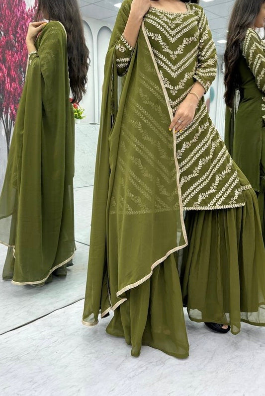 Bannisaa Olive Green Georgette Sharara Suit Set - Traditional Gota Patti Embroidery with Chevron Pattern Design
