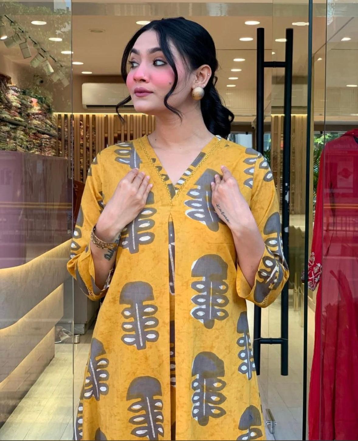 Bannisaa Autumn Leaves Co-ord Set - Mustard Yellow Abstract Tree Print Ensemble