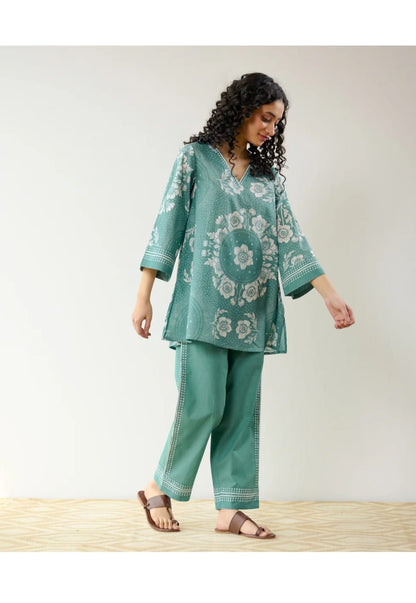 Bannisaa Sage Blossom Muslin Printed Co-ord Set - Mint Green & White Ensemble