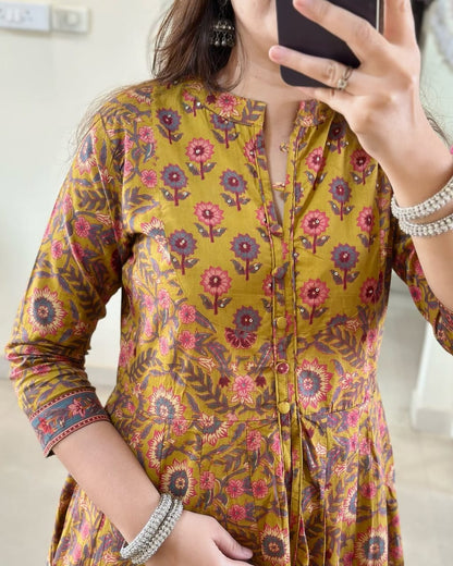 Bannisaa Heritage Mustard Ajrakh Print Anarkali Set - Traditional Block Print with Contemporary Silhouette