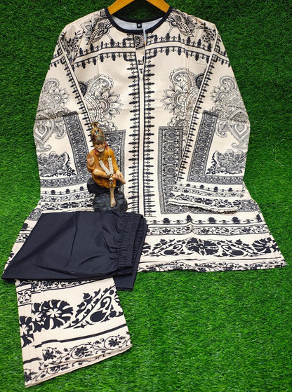 Bannisaa Heritage Noir Muslin Printed Co-ord Set - Classic Black & Beige Ensemble