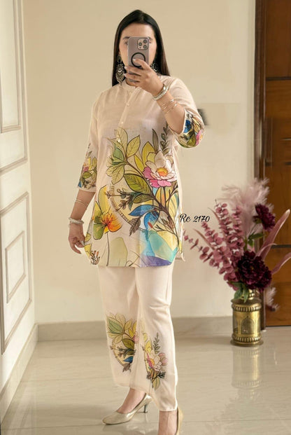 Bannisaa Cream Tropical Floral Co-ord Set - Contemporary Botanical Print with Palazzo Style