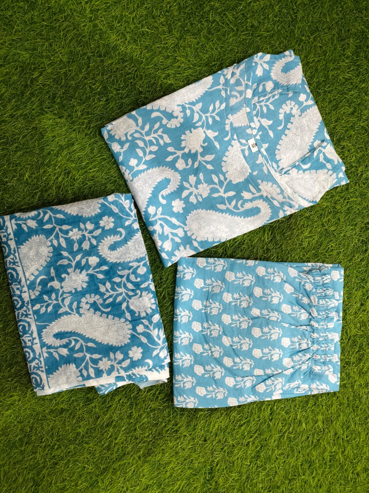 Sky Blue & Pink Paisley Printed Sharara Sleeveless Set - Traditional Block Print with Matching Dupatta (3 piece set)