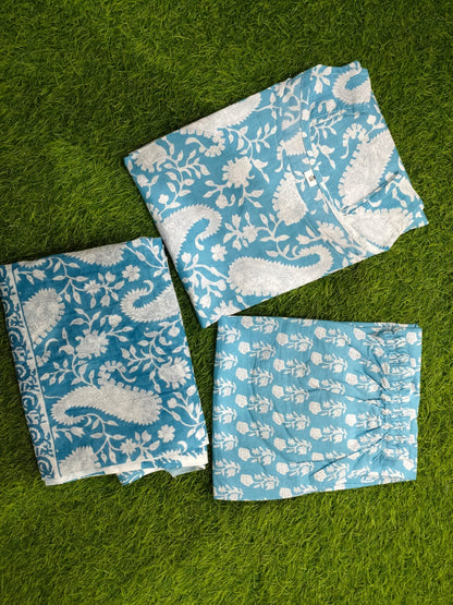 Sky Blue & Pink Paisley Printed Sharara Sleeveless Set - Traditional Block Print with Matching Dupatta (3 piece set)