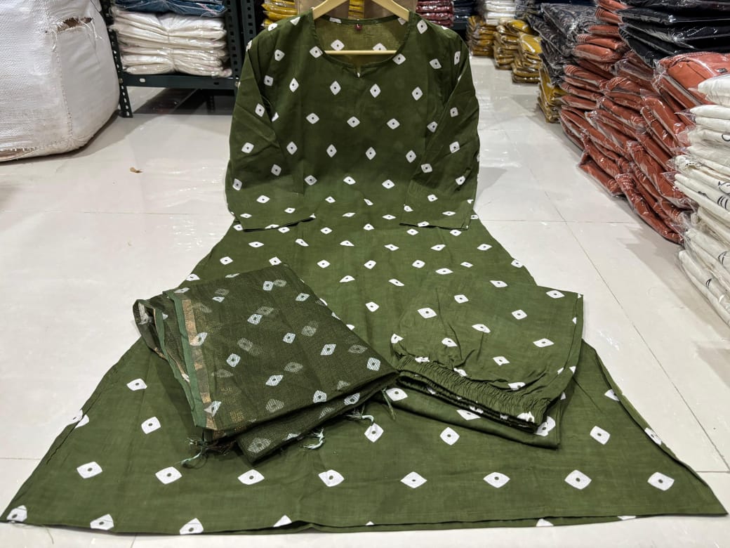 Bannisaa Olive Green Bandhani Print Suit Set - Traditional Tie-Dye with Golden Dupatta