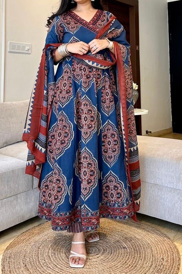 Bannisaa Ajrakh Print Straight Kurta Set with Dupatta (3 piece suit)