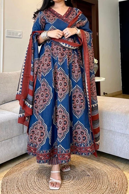 Bannisaa Ajrakh Print Straight Kurta Set with Dupatta (3 piece suit)