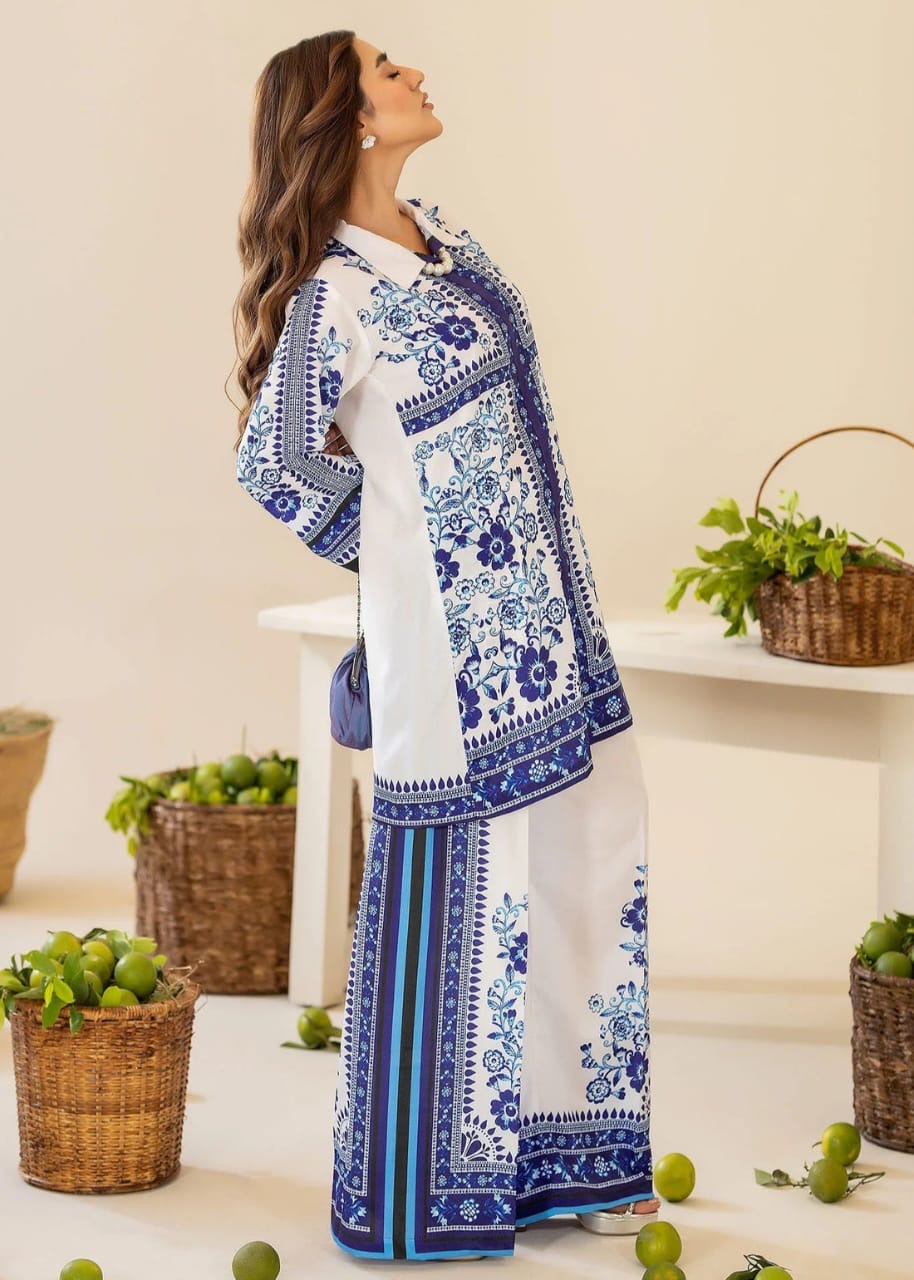 Bannisaa Azure Bloom Muslin Printed Co-ord Set - Classic Blue & White Ensemble